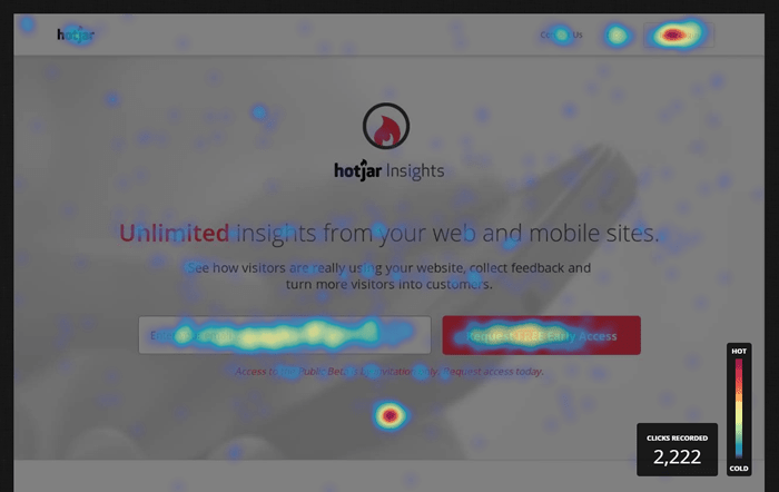 Rys 03. Przykładowa heatmapa pokazujaca rozkład i natężenie kliknięć na stronie, screen www.hotjar.com.